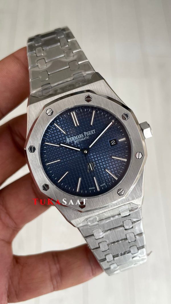 Audemars Piguet Royal Oak Jumbo Extra Thin Mavi Kadran 16202ST 50th Anniversary Replika Saat Audemars Piguet Royal Oak Jumbo Extra Thin Mavi Kadran 16202ST 50th Anniversary Replika Saat