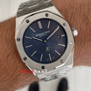 Audemars Piguet Royal Oak Jumbo Extra Thin Mavi Kadran 16202ST 50th Anniversary Replika Saat