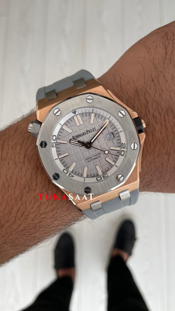 Audemars Piguet Royal Oak Offshore Diver Japan Limited Edition Gri Kadran 15711OI Rose 42mm Replika Saat Audemars Piguet Royal Oak Offshore Diver Japan Limited Edition Gri Kadran 15711OI Rose 42mm Replika Saat