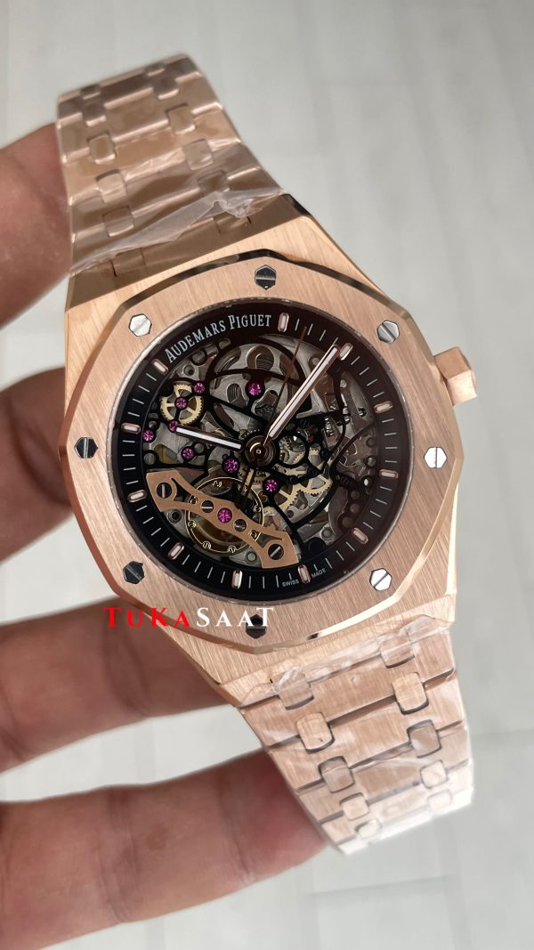 Audemars Piguet Royal Oak Skeleton 15407OR Double Balance iskelet Rose Replika Saat Audemars Piguet Royal Oak Skeleton 15407OR Double Balance iskelet Rose Replika Saat