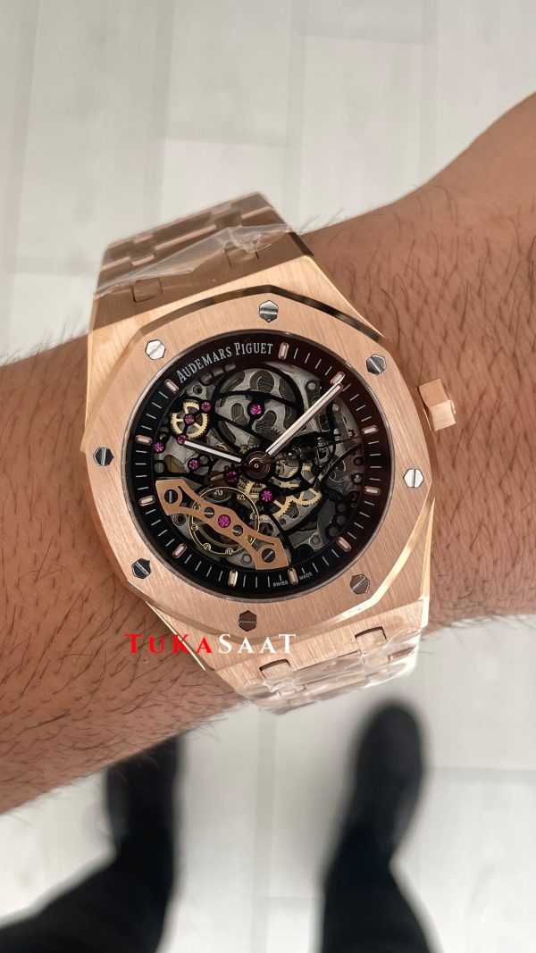 Audemars Piguet Royal Oak Skeleton 15407OR Double Balance iskelet Rose Replika Saat Audemars Piguet Royal Oak Skeleton 15407OR Double Balance iskelet Rose Replika Saat
