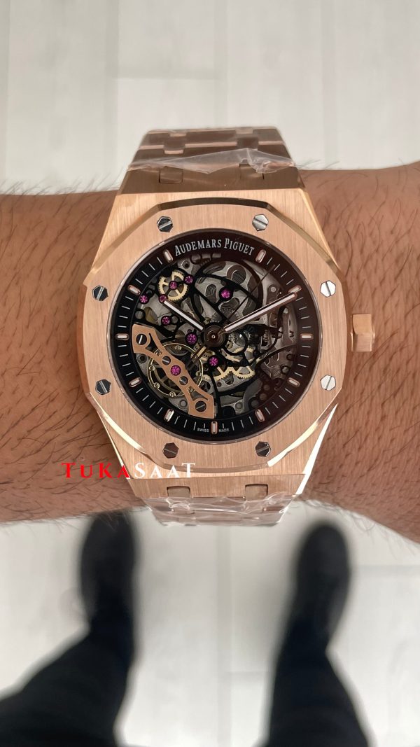 Audemars Piguet Royal Oak Skeleton 15407OR Double Balance iskelet Rose Replika Saat Audemars Piguet Royal Oak Skeleton 15407OR Double Balance iskelet Rose Replika Saat