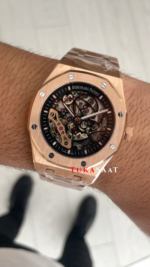 Audemars Piguet Royal Oak Skeleton 15407OR Double Balance iskelet Rose Replika Saat Audemars Piguet Royal Oak Skeleton 15407OR Double Balance iskelet Rose Replika Saat