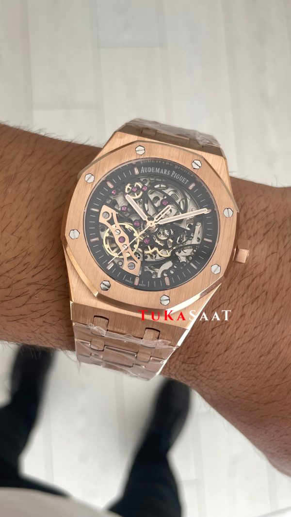 Audemars Piguet Royal Oak Skeleton 15407OR Double Balance iskelet Rose Replika Saat Audemars Piguet Royal Oak Skeleton 15407OR Double Balance iskelet Rose Replika Saat