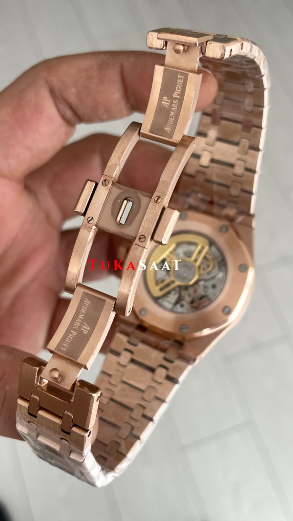 Audemars Piguet Royal Oak Skeleton 15407OR Double Balance iskelet Rose Replika Saat Audemars Piguet Royal Oak Skeleton 15407OR Double Balance iskelet Rose Replika Saat