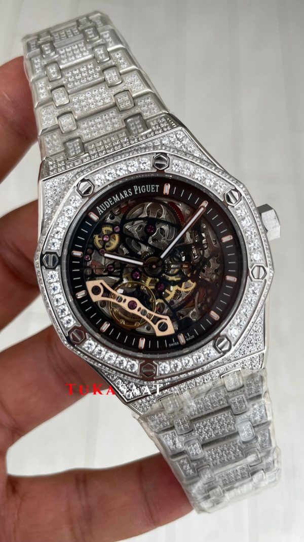 Audemars Piguet Royal Oak Skeleton 15407ST Double Balance iskelet Diamond Silver Replika Saat Audemars Piguet Royal Oak Skeleton 15407ST Double Balance iskelet Diamond Silver Replika Saat