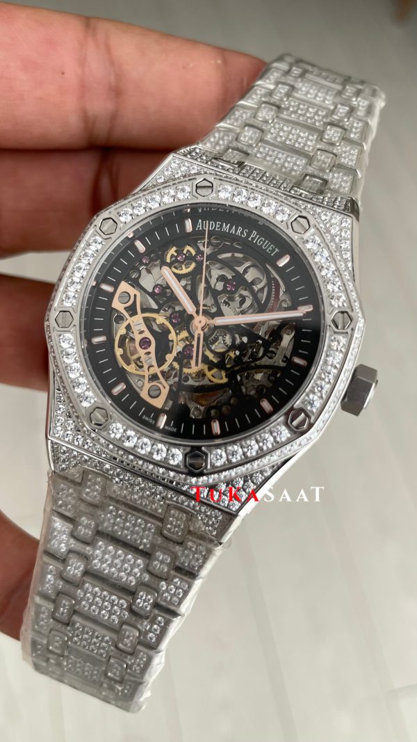 Audemars Piguet Royal Oak Skeleton 15407ST Double Balance iskelet Diamond Silver Replika Saat Audemars Piguet Royal Oak Skeleton 15407ST Double Balance iskelet Diamond Silver Replika Saat
