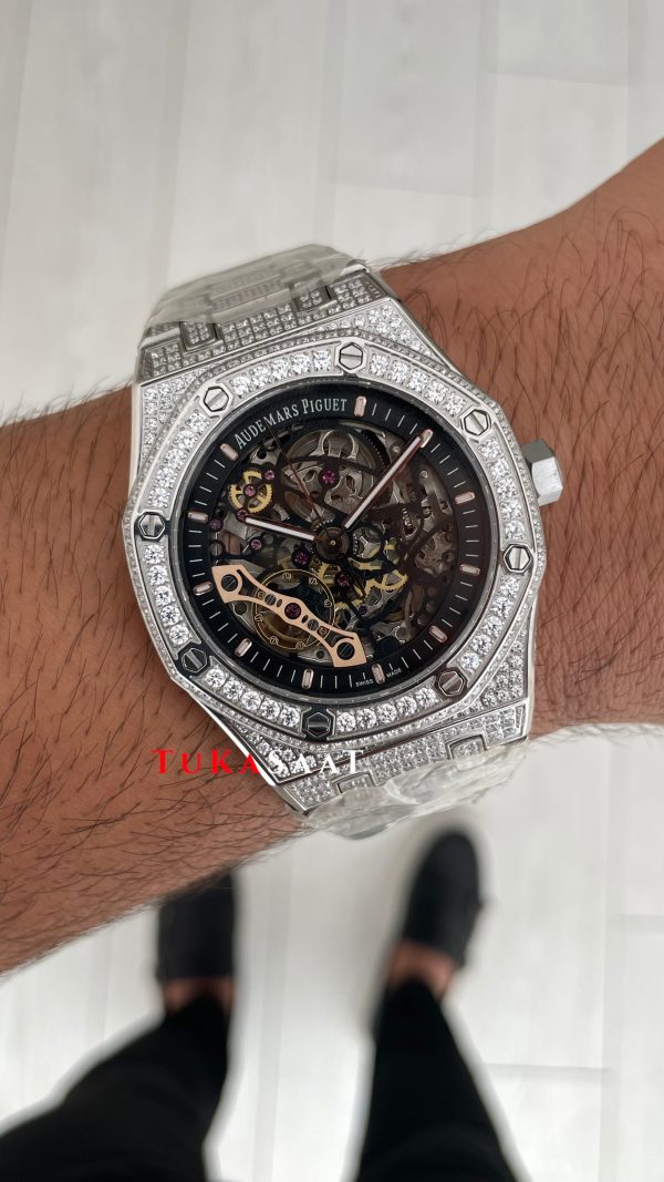 Audemars Piguet Royal Oak Skeleton 15407ST Double Balance iskelet Diamond Silver Replika Saat Audemars Piguet Royal Oak Skeleton 15407ST Double Balance iskelet Diamond Silver Replika Saat