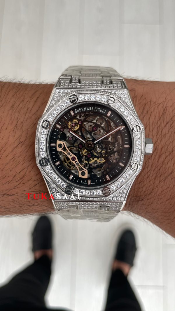 Audemars Piguet Royal Oak Skeleton 15407ST Double Balance iskelet Diamond Silver Replika Saat Audemars Piguet Royal Oak Skeleton 15407ST Double Balance iskelet Diamond Silver Replika Saat