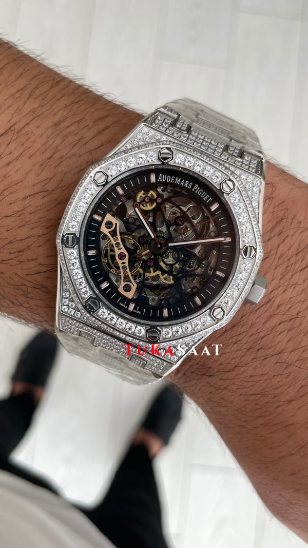 Audemars Piguet Royal Oak Skeleton 15407ST Double Balance iskelet Diamond Silver Replika Saat Audemars Piguet Royal Oak Skeleton 15407ST Double Balance iskelet Diamond Silver Replika Saat