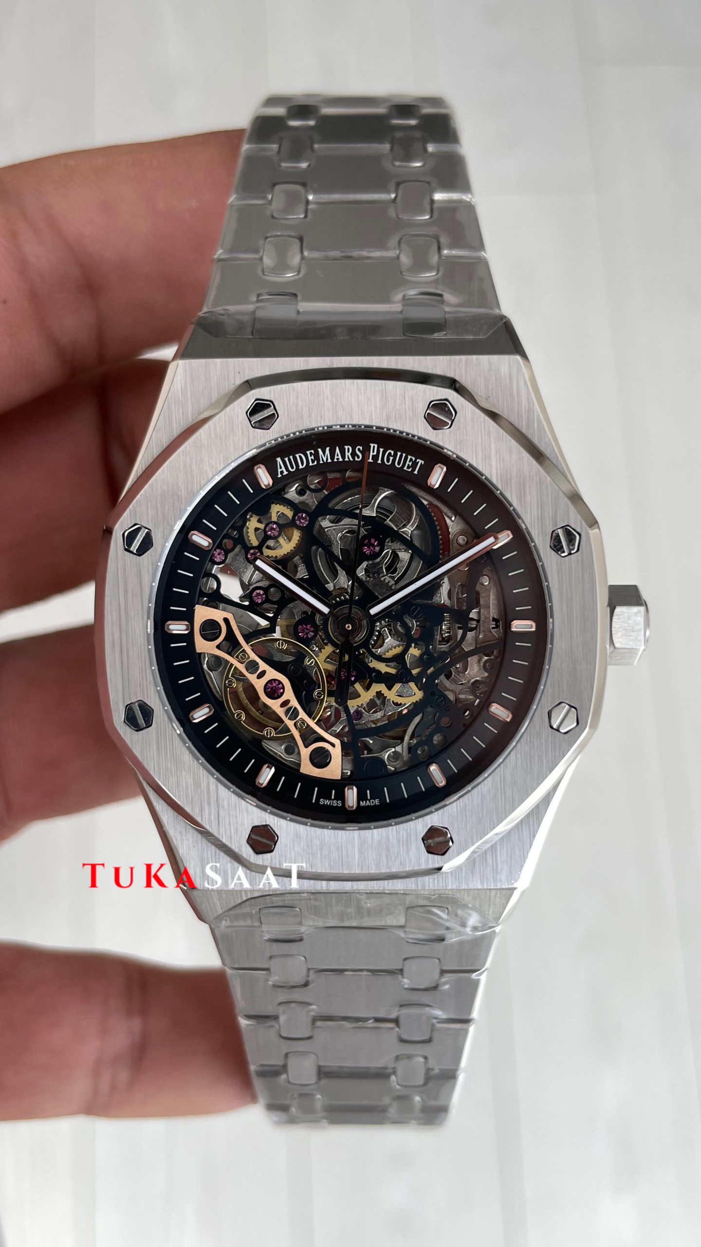 Audemars Piguet Royal Oak Skeleton 15407ST Double Balance iskelet Silver Replika Saat Audemars Piguet Royal Oak Skeleton 15407ST Double Balance iskelet Silver Replika Saat