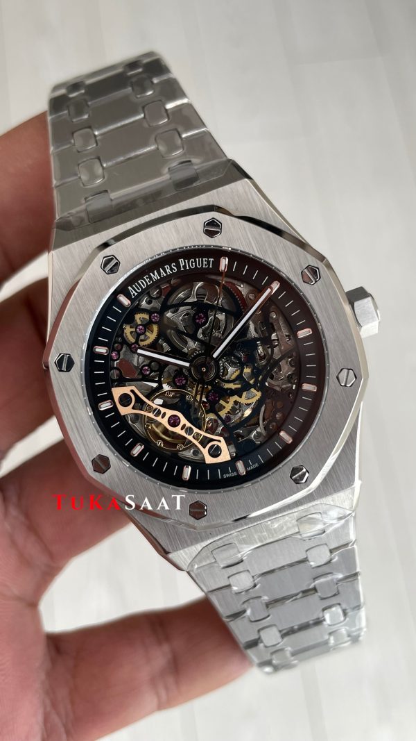 Audemars Piguet Royal Oak Skeleton 15407ST Double Balance iskelet Silver Replika Saat Audemars Piguet Royal Oak Skeleton 15407ST Double Balance iskelet Silver Replika Saat
