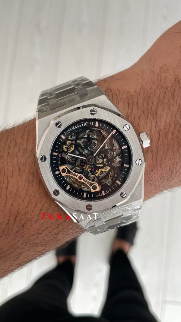 Audemars Piguet Royal Oak Skeleton 15407ST Double Balance iskelet Silver Replika Saat Audemars Piguet Royal Oak Skeleton 15407ST Double Balance iskelet Silver Replika Saat