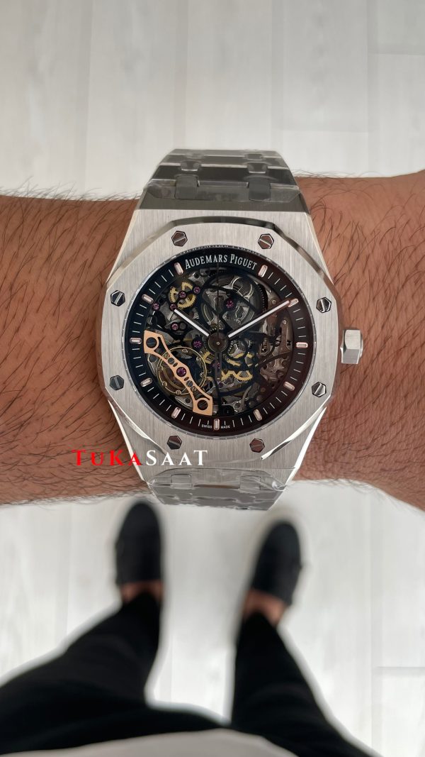 Audemars Piguet Royal Oak Skeleton 15407ST Double Balance iskelet Silver Replika Saat Audemars Piguet Royal Oak Skeleton 15407ST Double Balance iskelet Silver Replika Saat