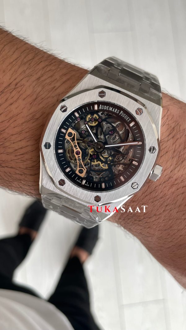 Audemars Piguet Royal Oak Skeleton 15407ST Double Balance iskelet Silver Replika Saat Audemars Piguet Royal Oak Skeleton 15407ST Double Balance iskelet Silver Replika Saat