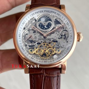 Patek Philippe Geneve Tourbillon İskelet Kahverengi Rose Skeleton Replika Saat