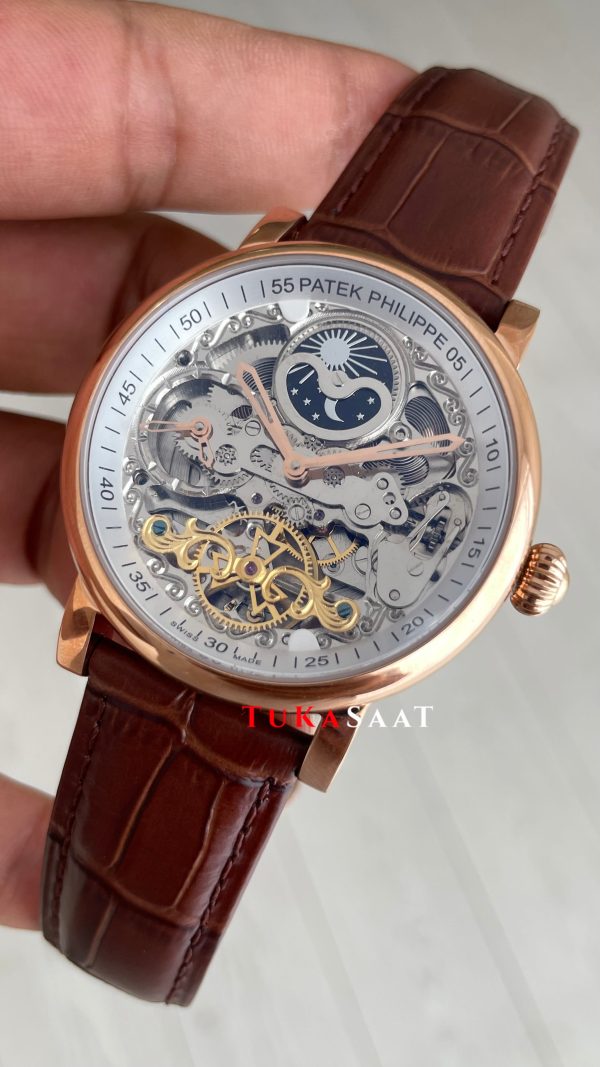 Patek Philippe Geneve Tourbillon İskelet Kahverengi Rose Skeleton Replika Saat