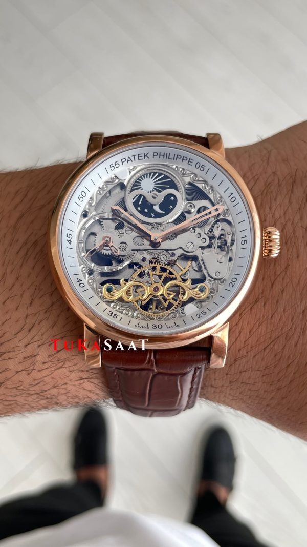 Patek Philippe Geneve Tourbillon İskelet Kahverengi Rose Skeleton Replika Saat