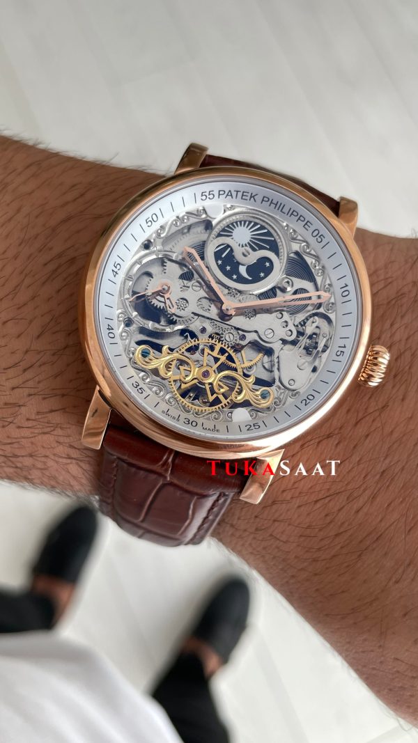 Patek Philippe Geneve Tourbillon İskelet Kahverengi Rose Skeleton Replika Saat