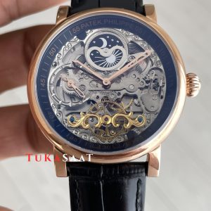 Patek Philippe Geneve Tourbillon İskelet Siyah Kadran 42mm Rose Skeleton Replika Saat
