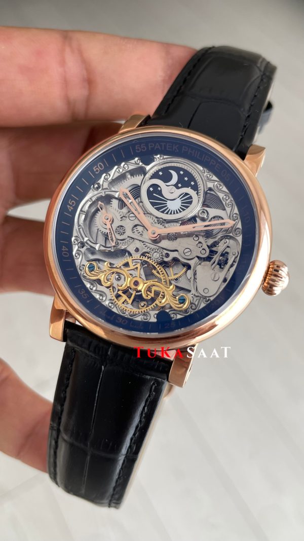 Patek Philippe Geneve Tourbillon İskelet Siyah Kadran 42mm Rose Skeleton Replika Saat