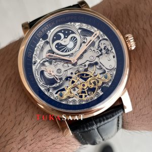 Patek Philippe Geneve Tourbillon İskelet Siyah Kadran 42mm Rose Skeleton Replika Saat