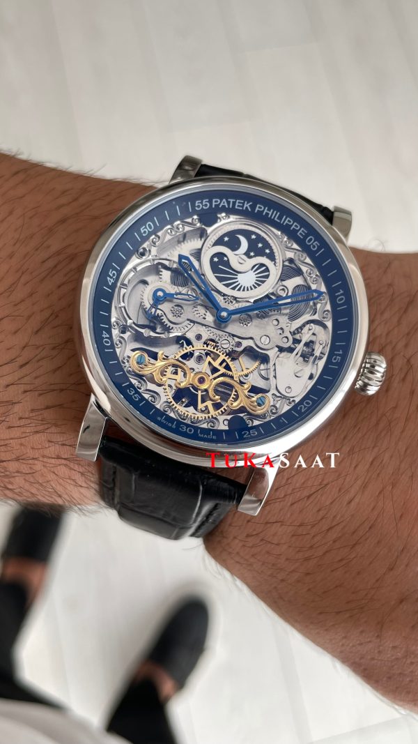 Patek Philippe Geneve Tourbillon İskelet Siyah Kadran 42mm Silver Skeleton Replika Saat