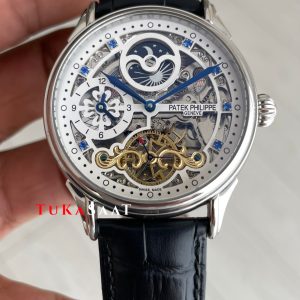 Patek Philippe Geneve Tourbillon Moonphase Skeleton Diamond Dial Beyaz Kadran 42 mm İskelet Taşlı Silver Replika Saat