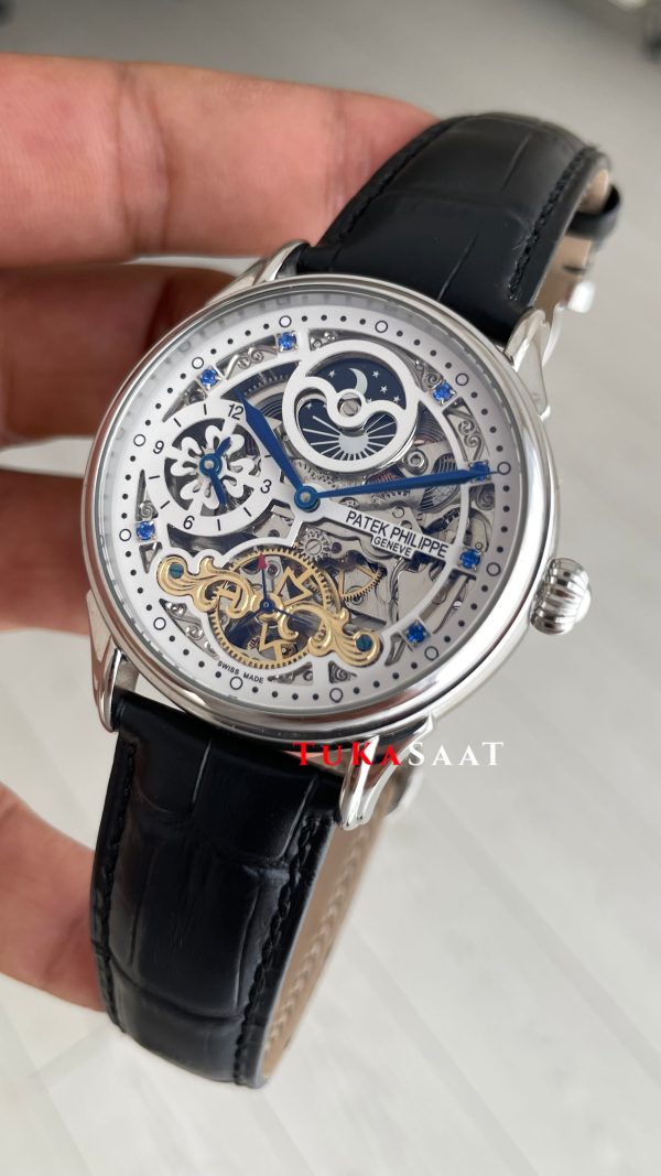 Patek Philippe Geneve Tourbillon Moonphase Skeleton Diamond Dial Beyaz Kadran 42 mm İskelet Taşlı Silver Replika Saat Patek Philippe Geneve Tourbillon Moonphase Skeleton Diamond Dial Beyaz Kadran 42 mm İskelet Taşlı Silver Replika Saat