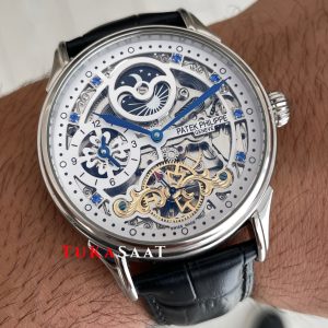 Patek Philippe Geneve Tourbillon Moonphase Skeleton Diamond Dial Beyaz Kadran 42 mm İskelet Taşlı Silver Replika Saat