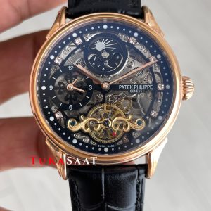 Patek Philippe Geneve Tourbillon Moonphase Skeleton Diamond Dial Siyah Kadran 42 mm İskelet Taşlı Rose Replika Saat