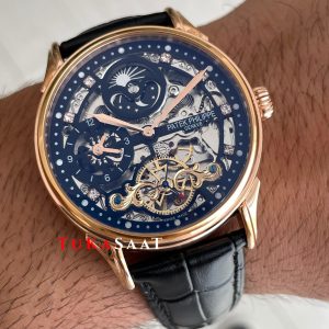 Patek Philippe Geneve Tourbillon Moonphase Skeleton Diamond Dial Siyah Kadran 42 mm İskelet Taşlı Rose Replika Saat