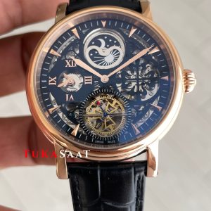 Patek Philippe Geneve Tourbillon Moonphase Skeleton Siyah Kadran 42 mm İskelet Rose Replika Saat