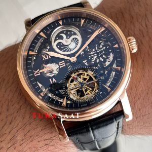 Patek Philippe Geneve Tourbillon Moonphase Skeleton Siyah Kadran 42 mm İskelet Rose Replika Saat