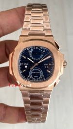Patek Philippe Nautilus Travel Time Chronograph Mavi Kadran 5990R Rose Gold Swiss ETA Saat