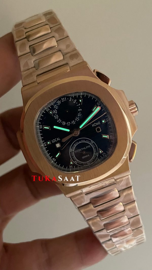 Patek Philippe Nautilus Travel Time Chronograph Mavi Kadran 5990R Rose Gold Swiss ETA Saat