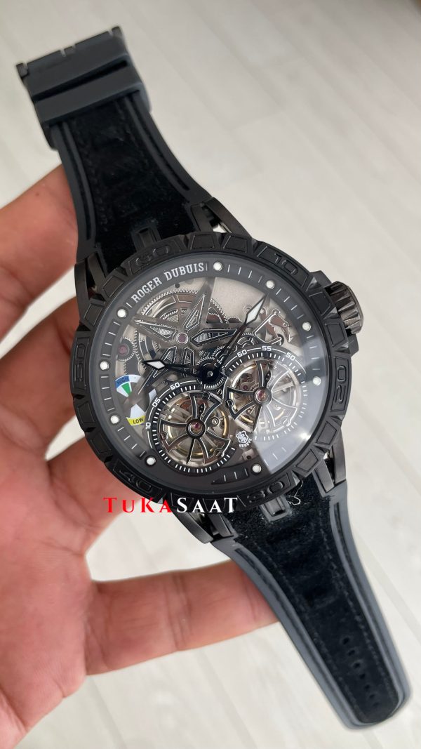 Roger Dubuis Excalibur Spider Pirelli Double Flying Tourbillon PVD Black 48mm Replika Saat