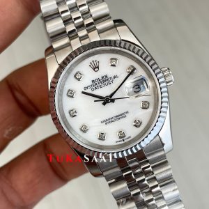 Rolex Datejust Taşlı Beyaz Kadın Saati 126233 Mother of Pearl Diamond White Dial Two Tone 36 mm Jubilee Replika Saat