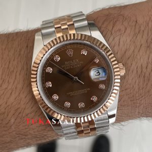 Rolex Datejust Chocolate Jubilee 126331 Two Tone Rose 41mm Kahverengi Taşlı Kadran Replika Saat