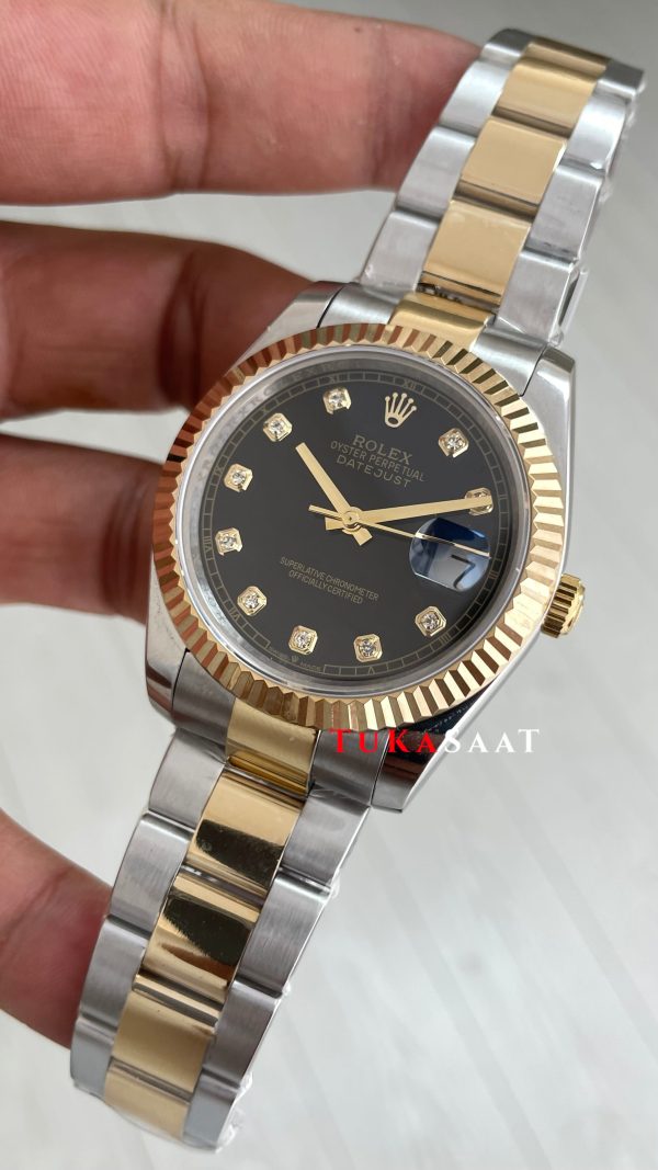 Rolex Datejust Siyah Taşlı 126333 Oyster Two Tone Gold Black Diamond 41mm Replika Saat