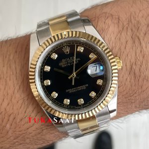 Rolex Datejust Siyah Taşlı 126333 Oyster Two Tone Gold Black Diamond 41mm Replika Saat