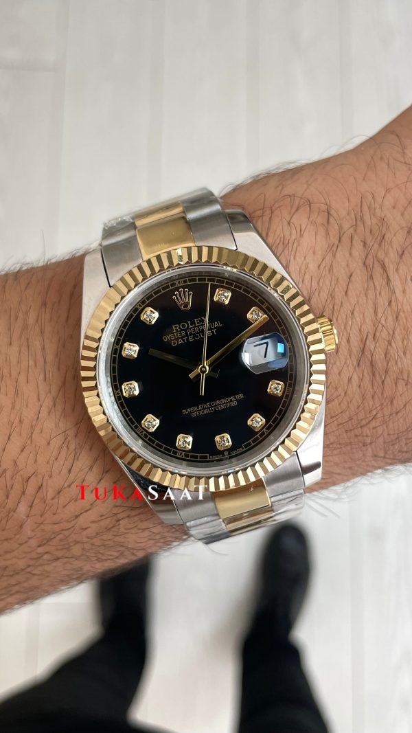 Rolex Datejust Siyah Taşlı 126333 Oyster Two Tone Gold Black Diamond 41mm Replika Saat