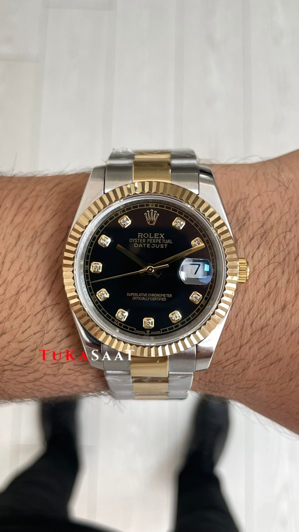 Rolex Datejust Siyah Taşlı 126333 Oyster Two Tone Gold Black Diamond 41mm Replika Saat