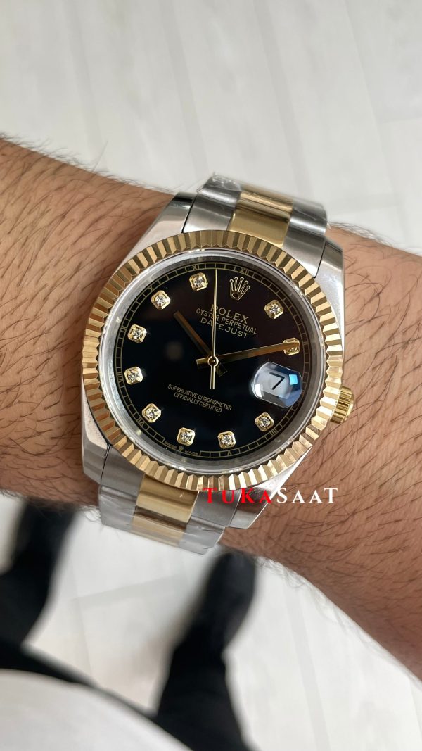Rolex Datejust Siyah Taşlı 126333 Oyster Two Tone Gold Black Diamond 41mm Replika Saat