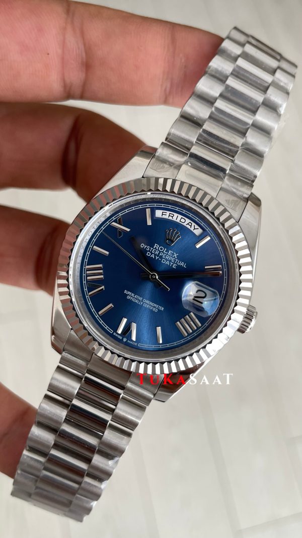 Rolex Day Date Mavi 228239 Blue Roman Dial 40mm Silver Replika Saat Rolex Day Date Mavi 228239 Blue Roman Dial 40mm Silver Replika Saat