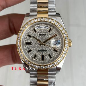 Rolex Day Date Pave Baguette Diamond 40mm Taşlı Kadran Two Tone Gold Replika Saat