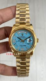 Rolex Day Date Turkuaz 128238 Turquoise Diamond Roman Dial Gold 40mm Replika Saat