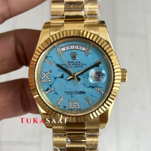 Rolex Day Date Turkuaz 128238 Turquoise Diamond Roman Dial Gold 40mm Replika Saat