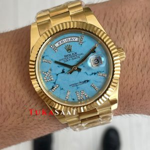 Rolex Day Date Turkuaz 128238 Turquoise Diamond Roman Dial Gold 40mm Replika Saat