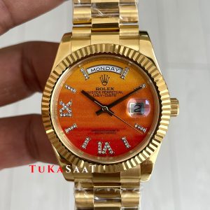 Rolex Day Date Turuncu 128238 Orange Carnelian Diamond Roman Dial Gold 40mm Replika Saat